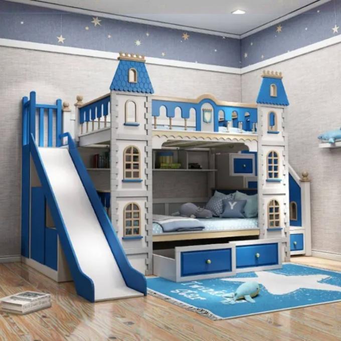 男の子向けブルーの寝室用家具 無垢材とMDF製2段ベッド ブルー 3