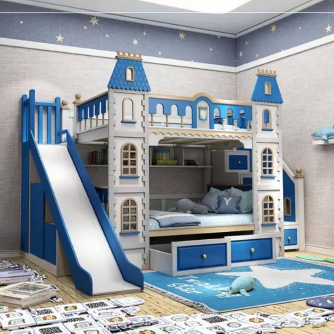 男の子向けブルーの寝室用家具 無垢材とMDF製2段ベッド ブルー 4