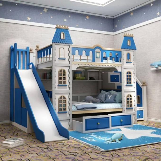 男の子向けブルーの寝室用家具 無垢材とMDF製2段ベッド ブルー 5